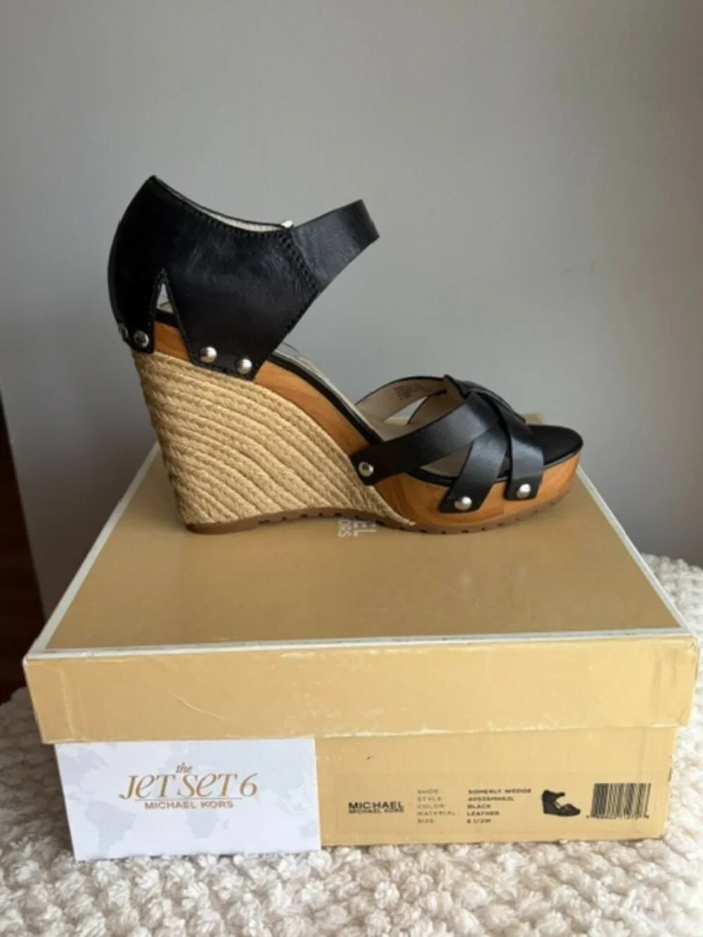 🖤 Michael Kors Somerly Black Leather Espadrille Wedge Sandals 8.5